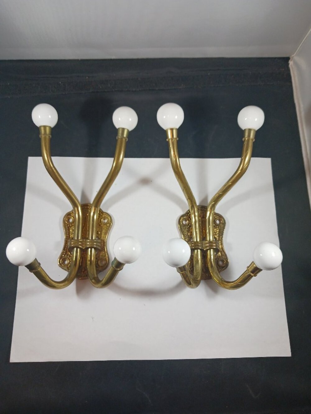 2 Vintage Brass & Porcelain Ball Wall Hanger